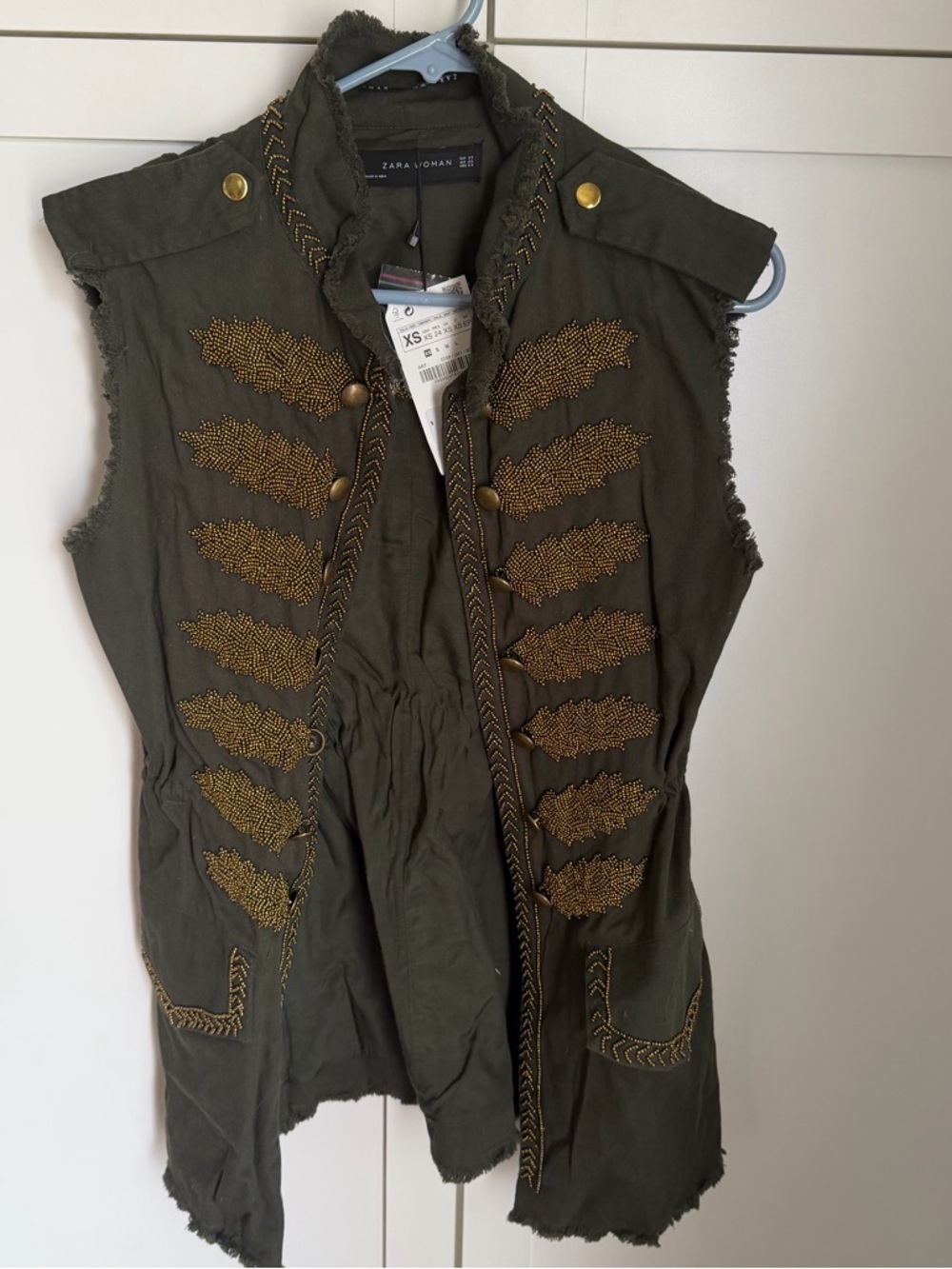 Zara Olive Green Military Jacket with Gold Bead Embellishment